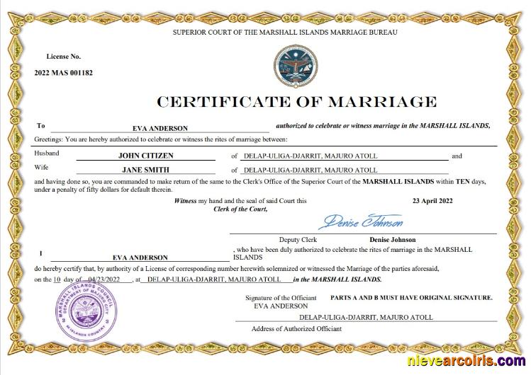 Marshall Islands marriage certificate